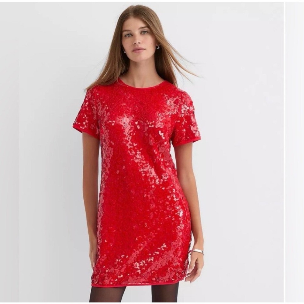 NWT LOFT Red Sequin Floral Shift Mini Dress Short Sleeve Petite Small SP 779416